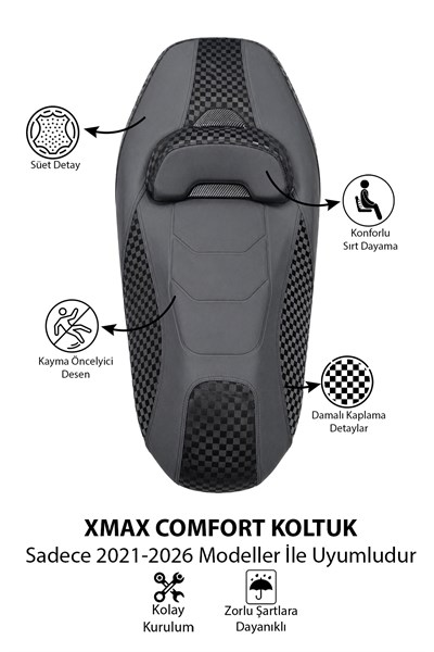 Yamaha Xmax Uyumlu Comfort Koltuk Kapağı 2021-2026 Damalı Kaplama Detaylı