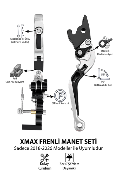 Yamaha Xmax Uyumlu El Frenli Manet 2018-2026 Cnc Gümüş