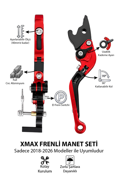 Yamaha Xmax Uyumlu El Frenli Manet 2018-2026 Cnc Kırmızı
