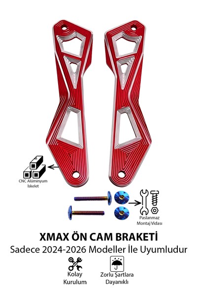 Yamaha Xmax Uyumlu Ön Cam Braketi 2024-2026 Cnc Kırmızı
