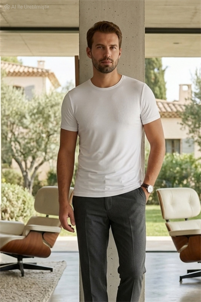 Bambu Bisiklet Yaka Erkek T-Shirt Beyaz