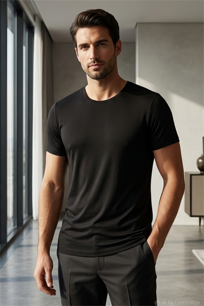 Bambu Bisiklet Yaka Erkek T-Shirt Siyah