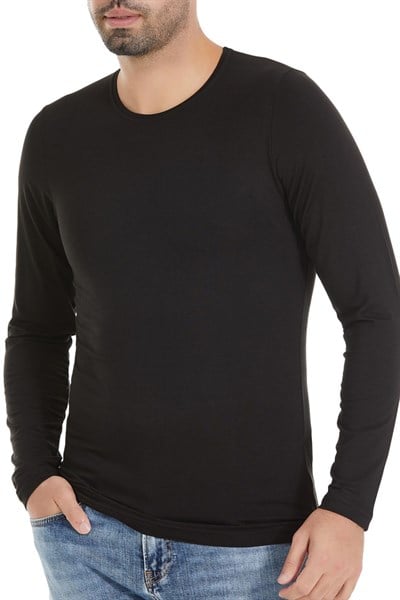 Bambu Bisiklet Yaka Uzun Kol T-Shirt Siyah