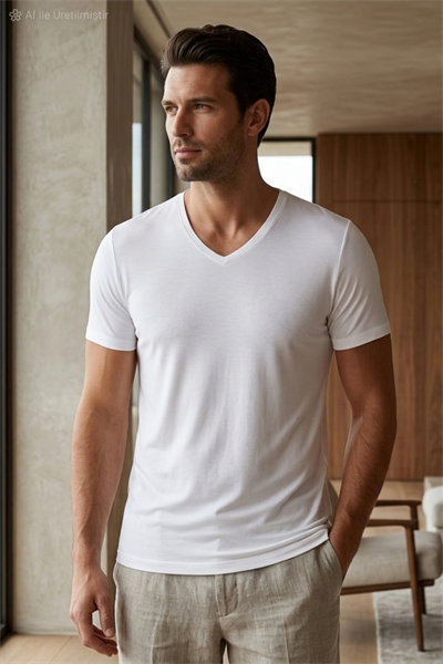 Bambu V Yaka Erkek T-Shirt Beyaz