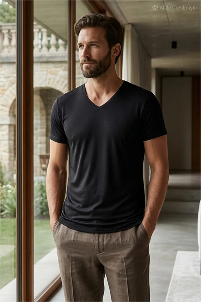 Bambu V Yaka Erkek T-Shirt Siyah