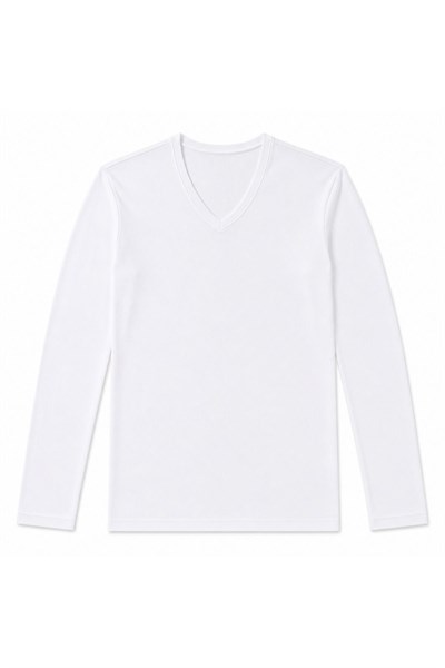 Bambu V Yaka Erkek Uzun Kol T-Shirt Beyaz