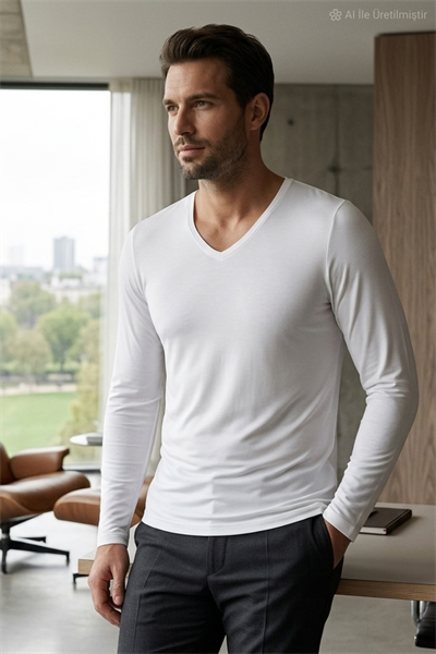 Bambu V Yaka Erkek Uzun Kol T-Shirt Beyaz
