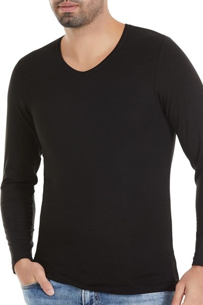 Bambu V Yaka Erkek Uzun Kol T-Shirt Siyah