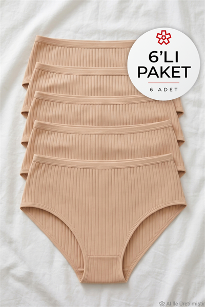 Çizgili Bambu Bato Kadın Yüksek Bel Külot Ten 6lı Paket