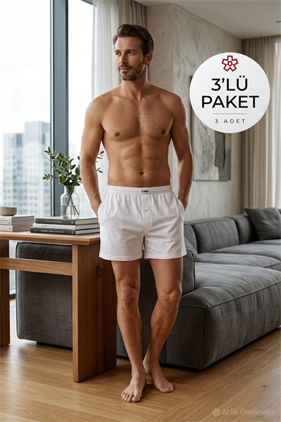Havlu Bel Erkek Boxer Beyaz %100 Pamuk 3lü Paket