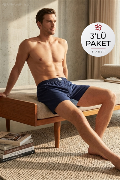 Havlu Bel Erkek Boxer Lacivert %100 Pamuk 3lü Paket