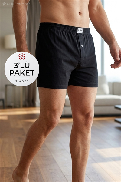 Havlu Bel Erkek Boxer Siyah Melanj %100 Pamuk 3lü Paket