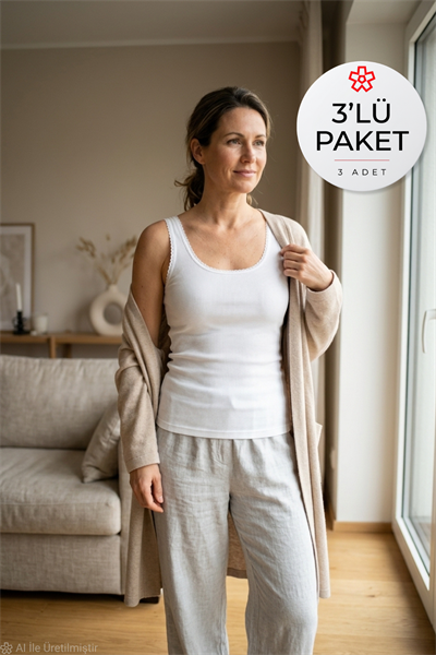 Kaşkorse Geniş Askılı Kadın Atlet Beyaz %100 Pamuk 3'lü Paket