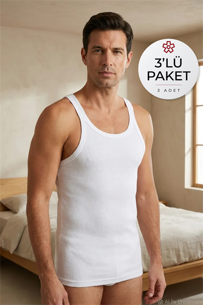 Kaşkorse Likralı Erkek Badi Atlet Beyaz 3lü Paket