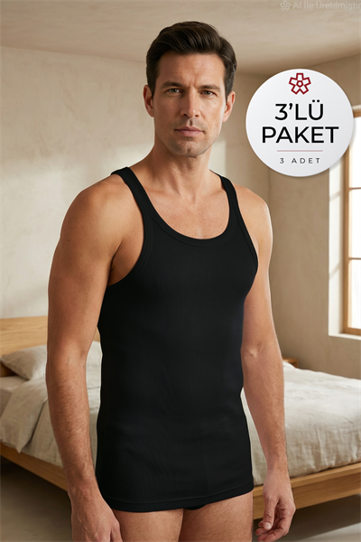 Kaşkorse Likralı Erkek Badi Atlet Siyah 3lü Paket