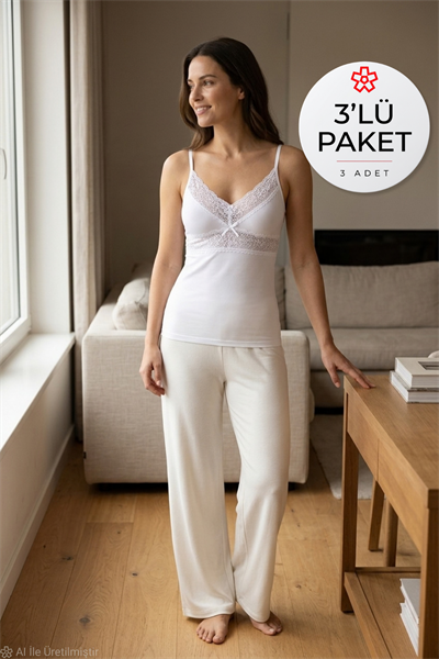 Likralı Ayarlanabilir Askılı Dantelli Kadın Atlet Beyaz 3lü Paket