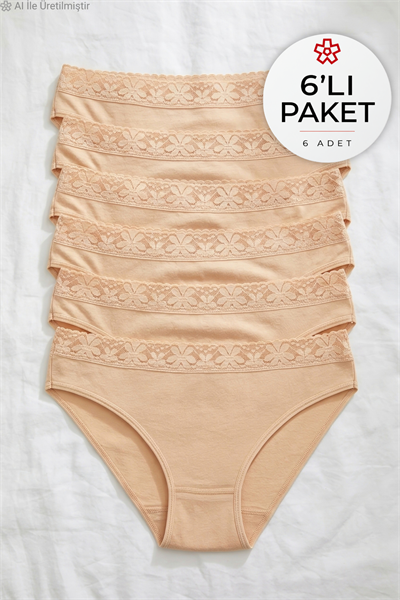 Likralı Beli Dantelli Kadın Bikini Külot Ten 6lı Paket
