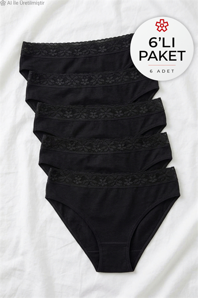 Likralı Beli Dantelli Kadın Bikini Külot Siyah 6lı Paket