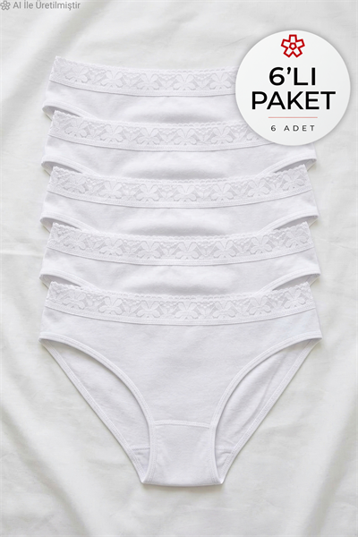 Likralı Beli Dantelli Kadın Bikini Külot Beyaz 6lı Paket