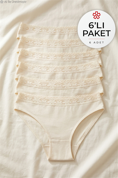 Likralı Beli Dantelli Kadın Bikini Külot Ekru 6lı Paket