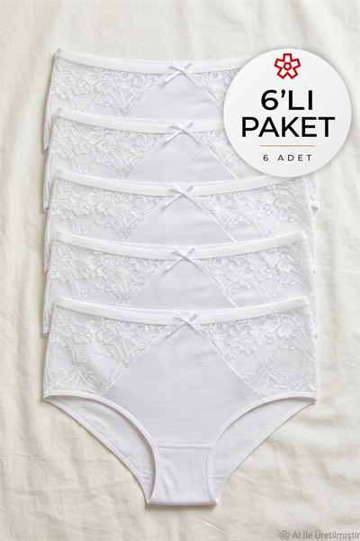 Likralı Dantelli Bato Kadın Yüksek Bel Külot Beyaz 6lı Paket