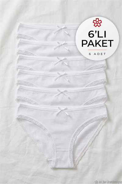 Likralı Dantelli Bikini Kadın Külot Beyaz 6lı Paket