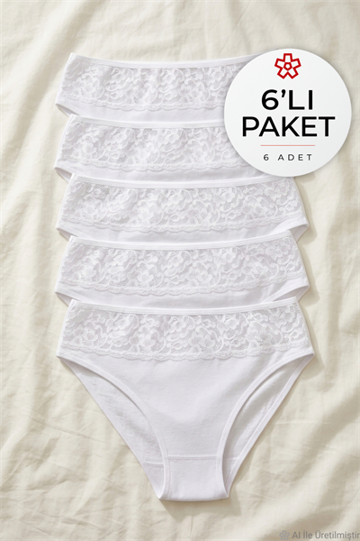 Likralı Dantelli Bikini Kadın Külot Beyaz 6lı Paket