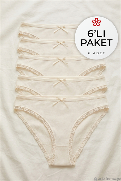 Likralı Dantelli Bikini Kadın Külot Ekru 6lı Paket