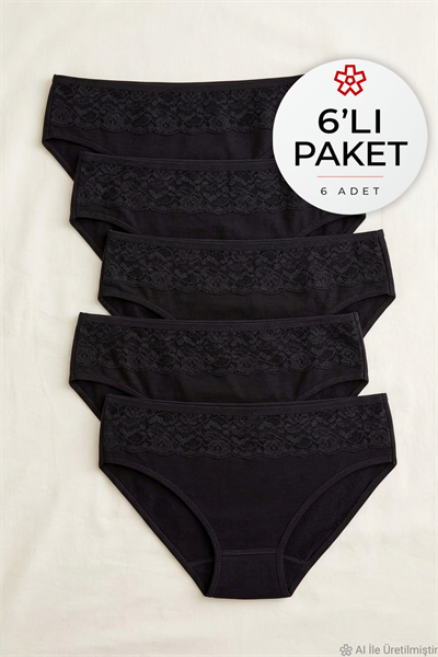Likralı Dantelli Bikini Kadın Külot Siyah 6lı Paket