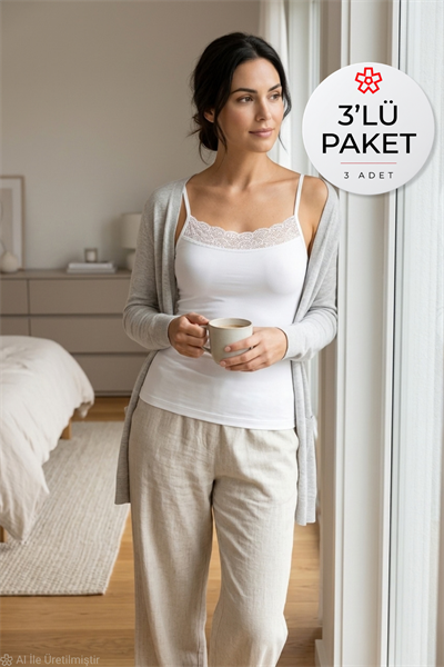 Likralı Dantelli Kadın Atlet Beyaz 3lü Paket