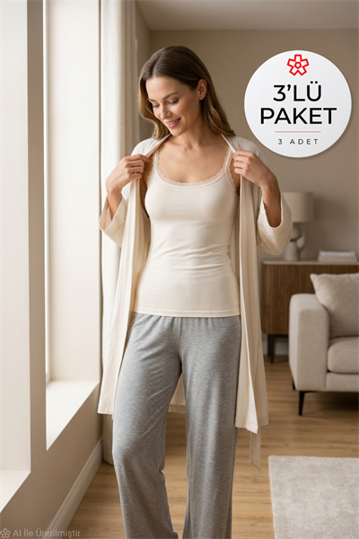 Likralı Dantelli Kadın Atlet Ekru 3lü Paket