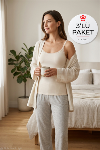 Likralı İnce Dantelli Kadın Atlet Ekru 3lü Paket