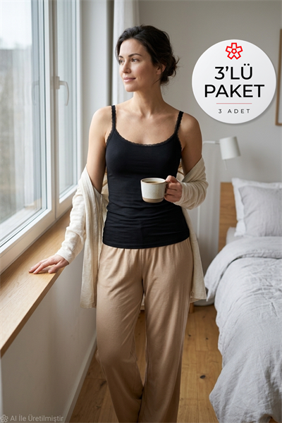 Likralı İnce Dantelli Kadın Atlet Siyah 3lü Paket