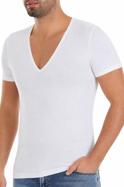 Likralı Derin V Yaka Erkek T-Shirt Beyaz