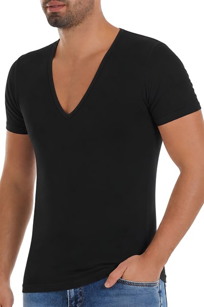 Likralı Derin V Yaka Erkek T-Shirt Siyah