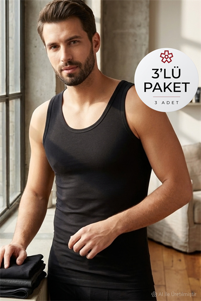 Likralı Erkek Atlet Siyah 3lü Paket