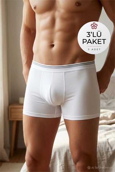 Likralı Erkek Boxer Beyaz 3lü Paket