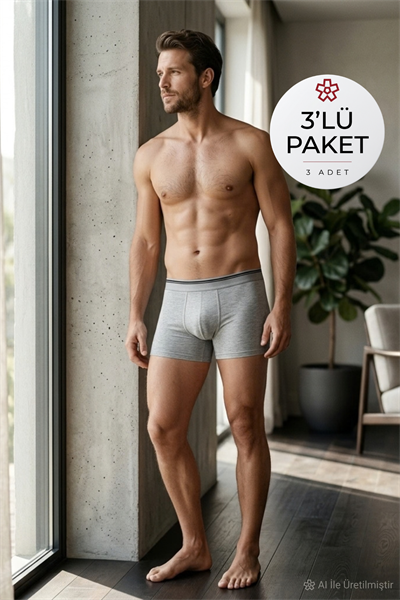 Likralı Erkek Boxer Gri 3lü Paket