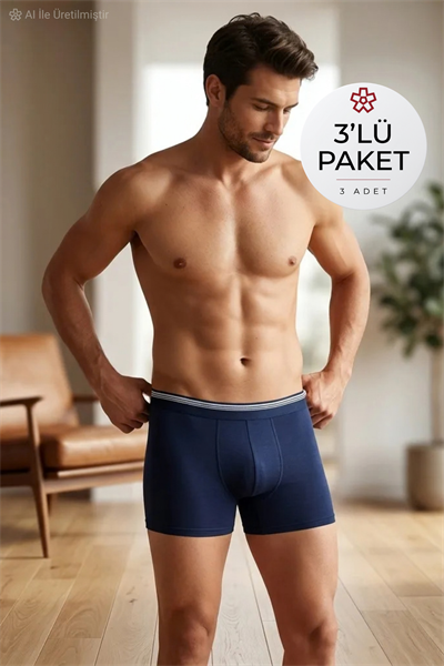 Likralı Erkek Boxer Lacivert 3lü Paket