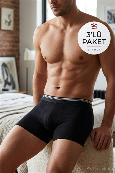 Likralı Erkek Boxer Siyah 3lü Paket