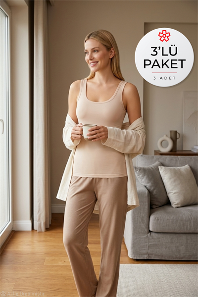 Likralı Geniş Askılı Biyeli Kadın Atlet Ten 3lü Paket