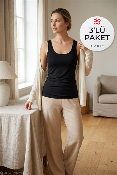 Likralı Geniş Askılı Biyeli Kadın Atlet Siyah 3lü Paket