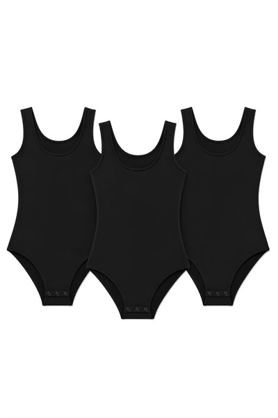 Likralı Geniş Askılı Kadın Çıtçıtlı Body Siyah 3lü Paket