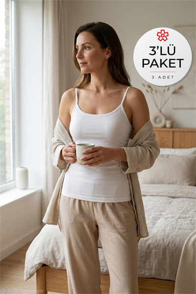 Likralı İp Askılı Biyeli Kadın Atlet Beyaz 3lü Paket