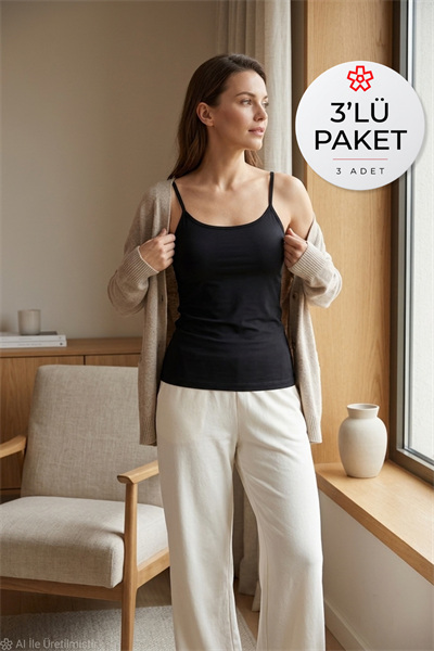 Likralı İp Askılı Biyeli Kadın Atlet Siyah 3lü Paket