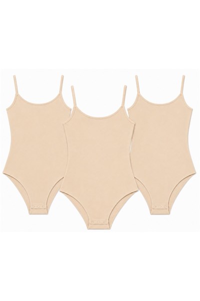 Likralı İp Askılı Kadın Çıtçıtlı Body Ten 3lü Paket