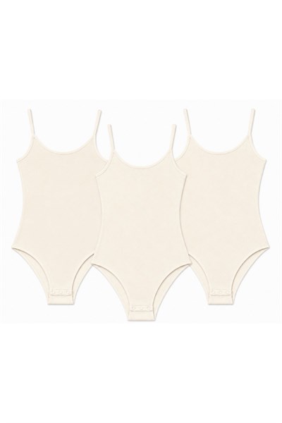 Likralı İp Askılı Kadın Çıtçıtlı Body Ekru 3lü Paket