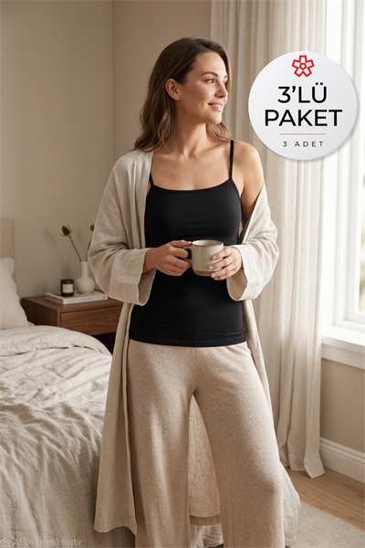 Likralı İp Askılı Önü Düz Kadın Atlet Siyah 3lü Paket