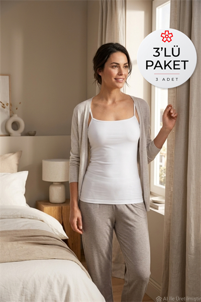Likralı İp Askılı Önü Düz Kadın Atlet Beyaz 3lü Paket