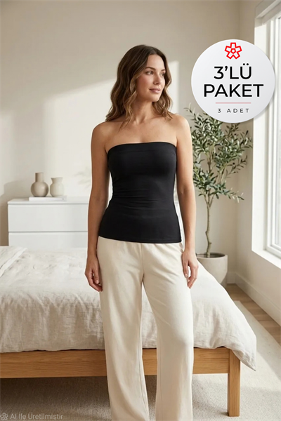 Likralı Kadın Straplez Atlet Siyah 3lü Paket
